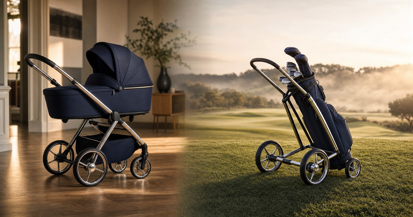 Links ein Joolz-Kinderwagen im Wohnzimmer, rechts derselbe Chrom-Rahmen als Golf-Trolley auf dem Fairway.