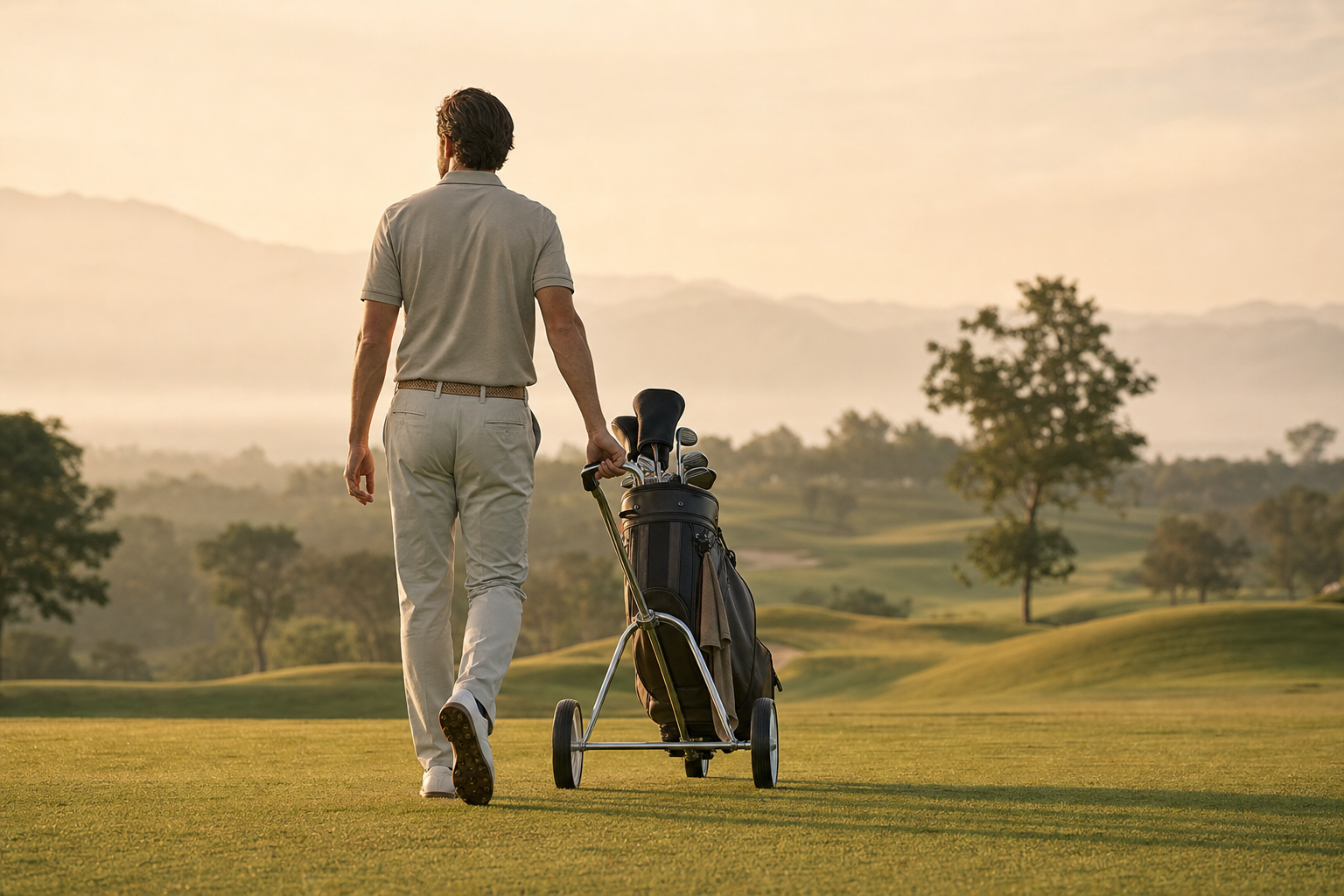 Ein Golfer schiebt den umgerüsteten Trolley bei Sonnenaufgang über den Fairway.