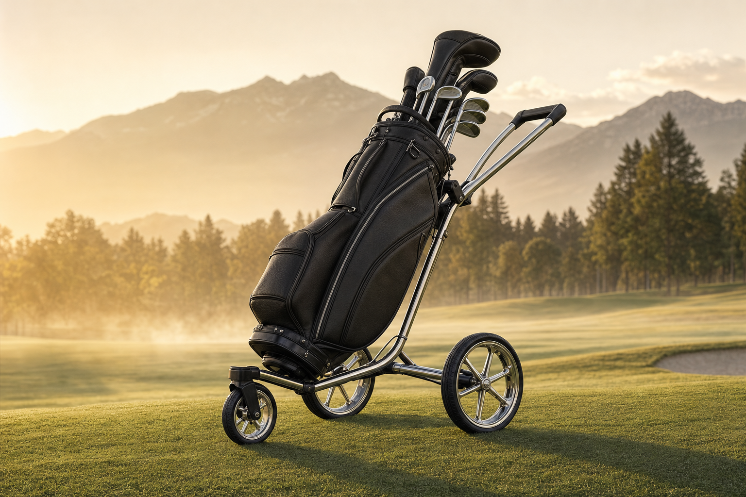 Der umgerüstete Trolley mit Golfbag auf einem grünen Fairway im Morgenlicht.